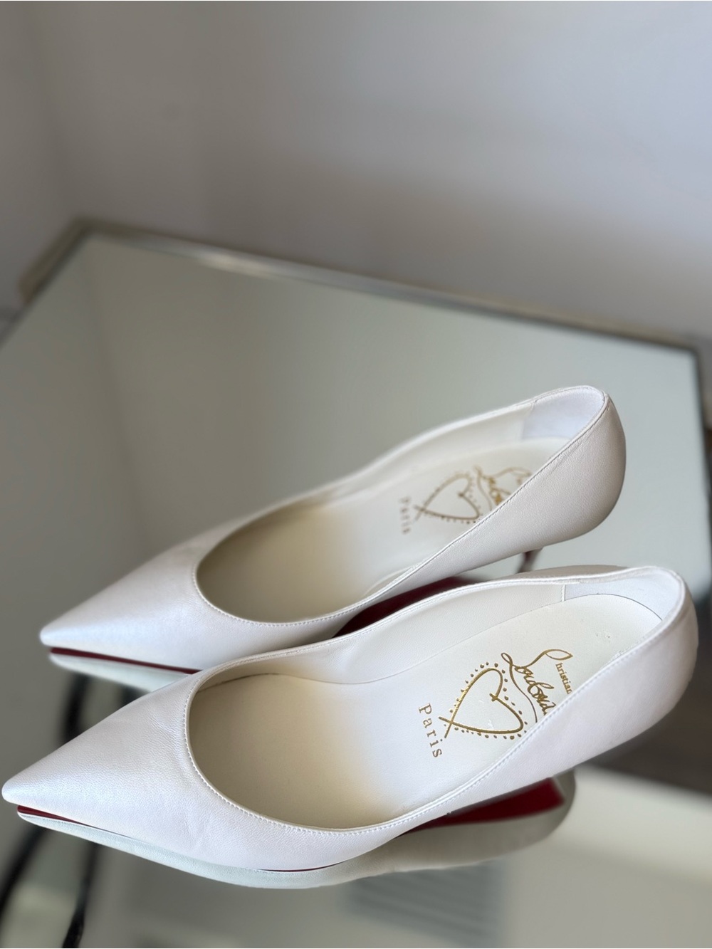 Christian Louboutin White Pointed-Toe Pumps with Red Heel - Picture 13 of 14